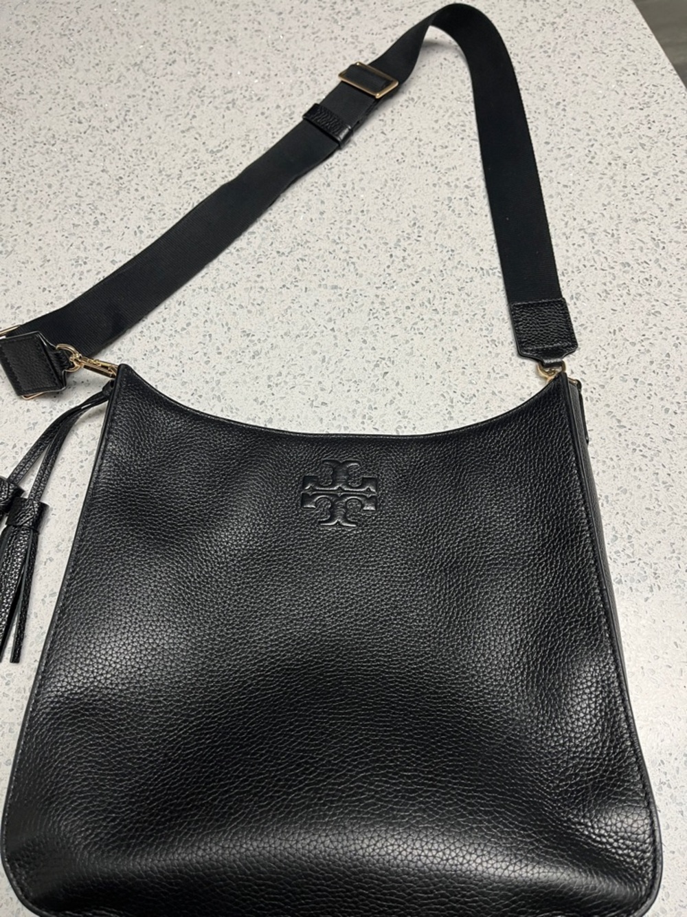 Tory Burch Black Pebbled Leather Hobo Crossbody with Tassel. Excellent Condition